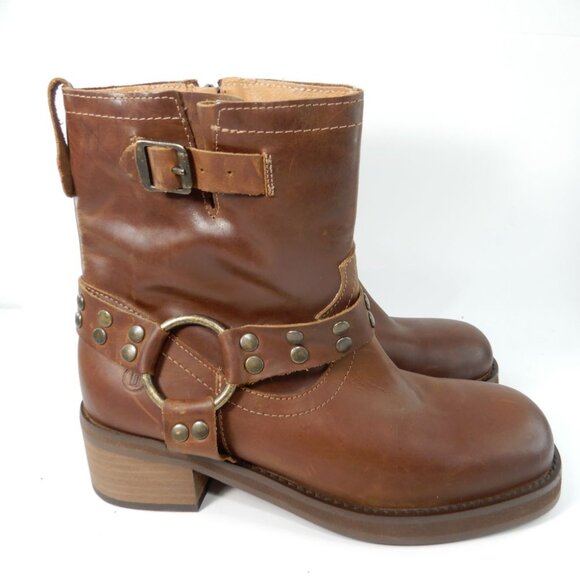 DINGO Anarchy Moto Boots Bootie Size 8.5 Brown Leather Harness Studs NEW - Picture 4 of 15